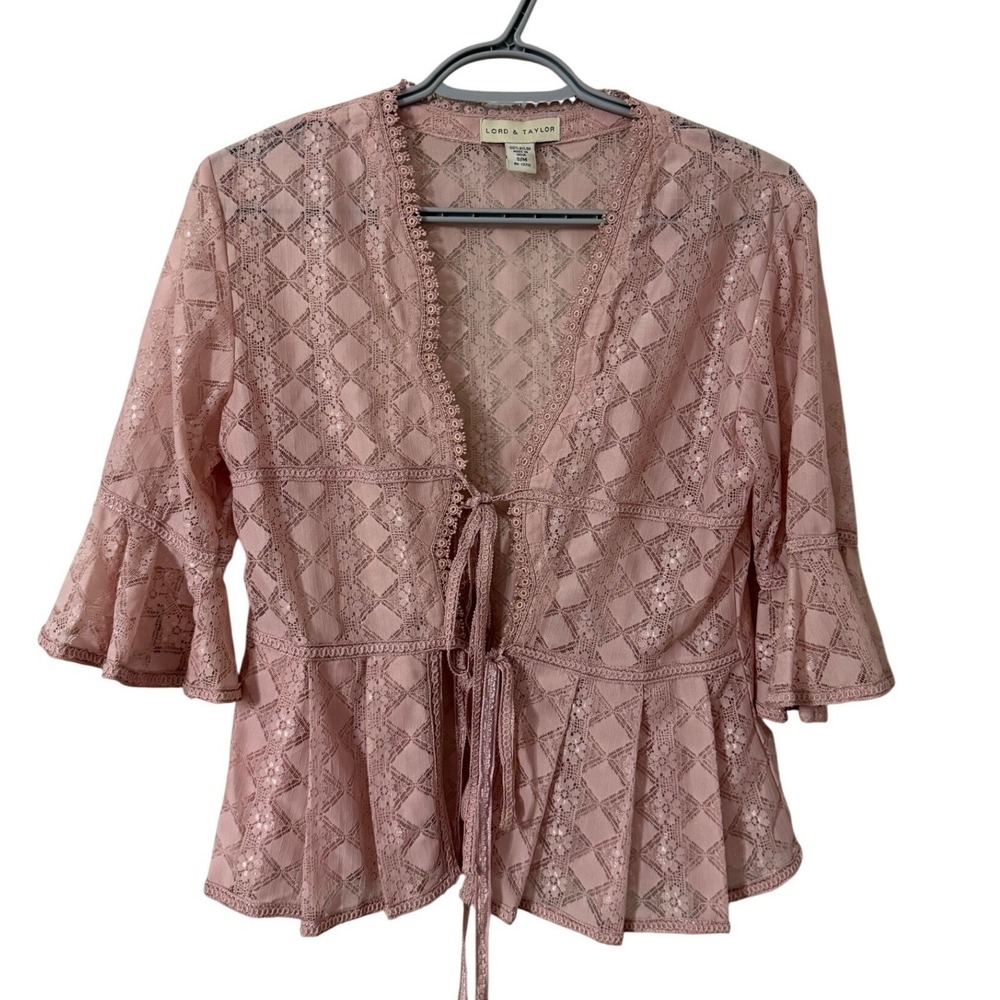 Vintage Lord Taylor Blush Pink Lace Tie Front Bell Sleeve Peplum Top Women's S/M